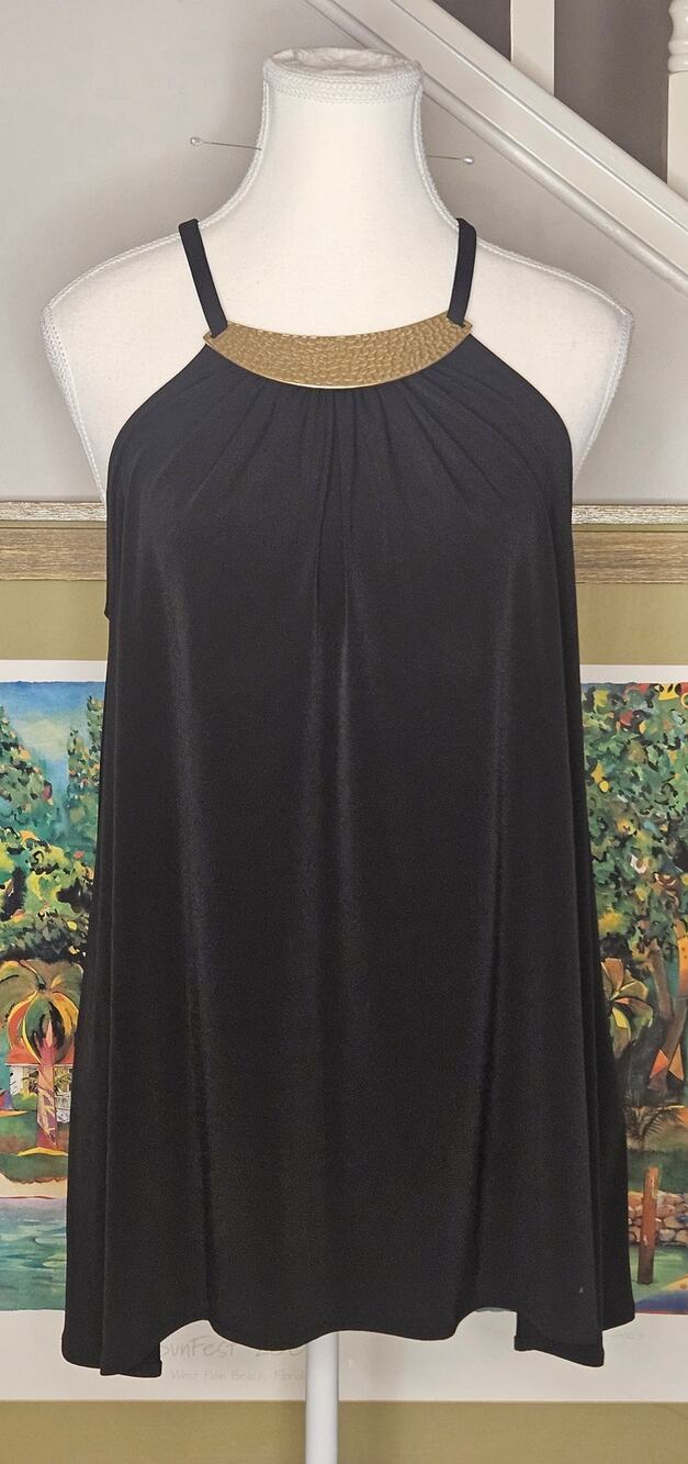 Michael Kors  Black Pucker Gold Woven Chain Halter Tunic Top Dress Sz LG (-15)